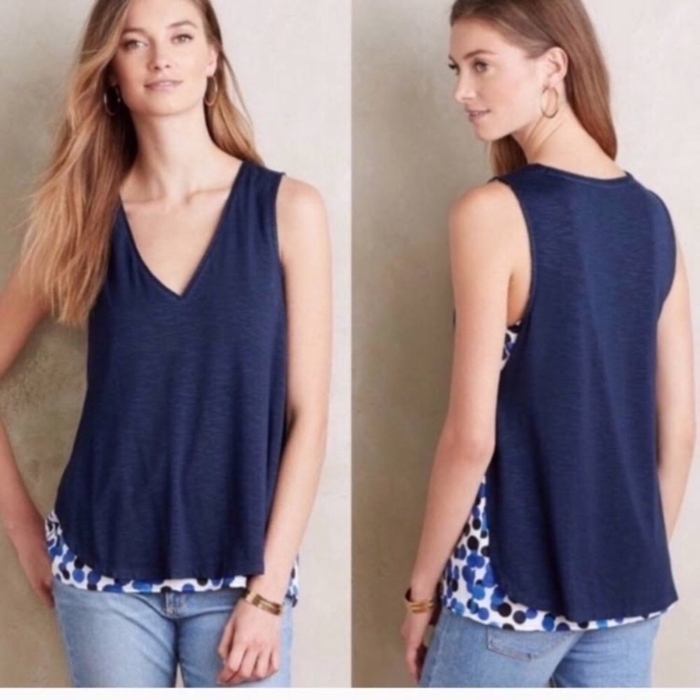 ANTHROPOLOGIE Deletta ‘weekdays blue polka dot layered tank top’ size large